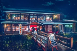 An inn at Ginzan Onsen at night.