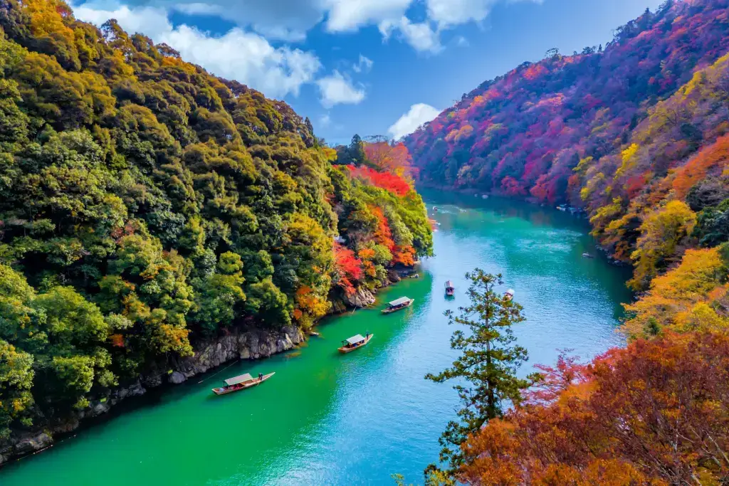 The Katsura River in Kyoto in the autumn.
