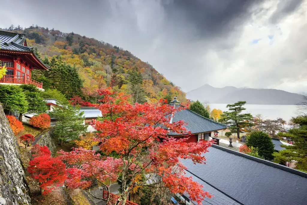 Nikko, a mountainside town in Tochigi Prefecture. It has red autumn leaves.