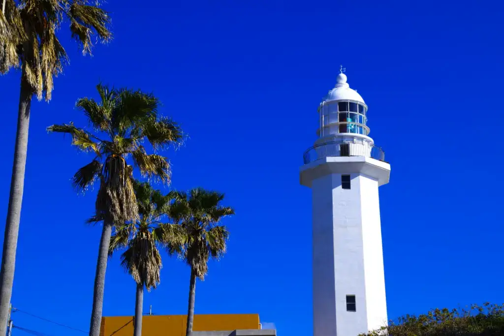 Nojimazaki Lighthouse. It's white and near some palm trees.