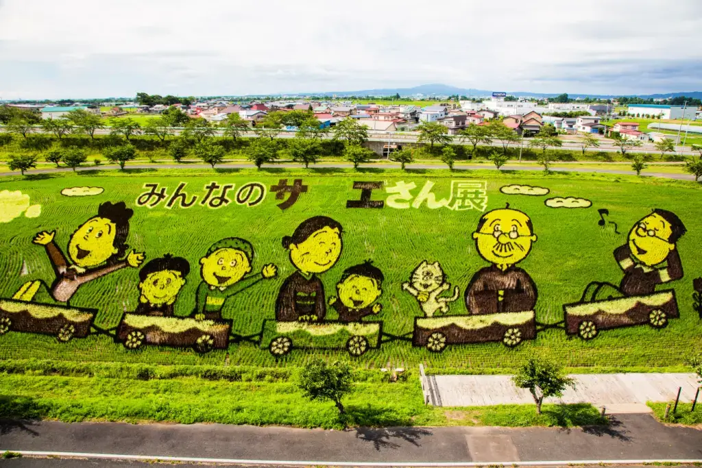 A piece of rice paddy art in Tohoku, featuring characters from the anime "sazae-san".