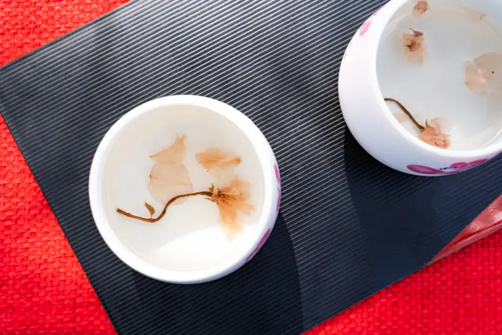 Two cups of sakurayu, or sakura tea.