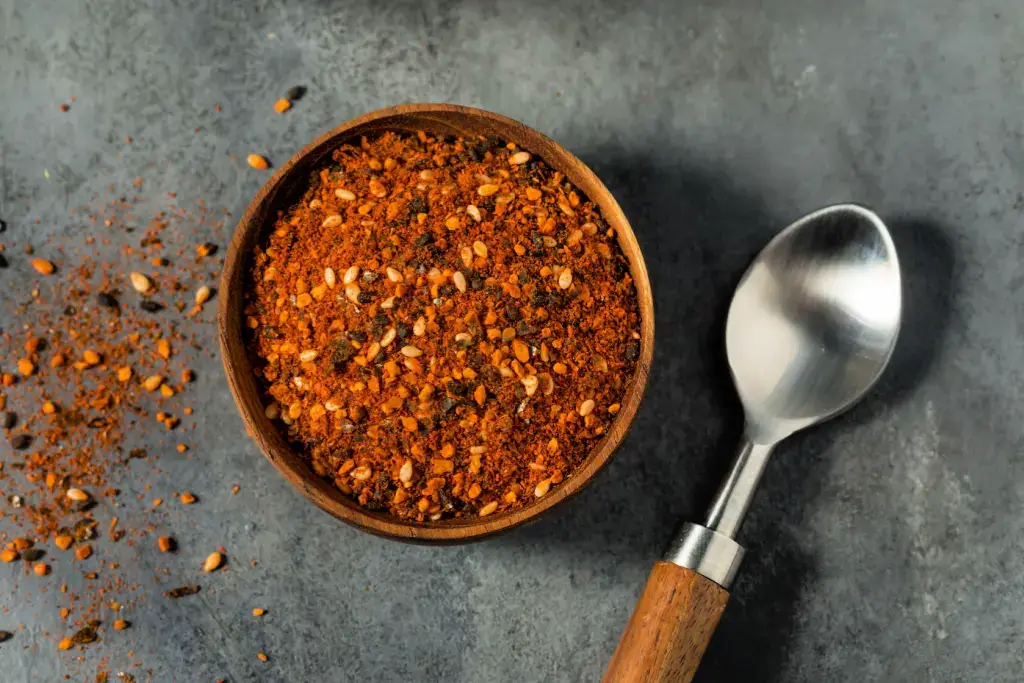 A bowl of shichimi with a spoon next to it.