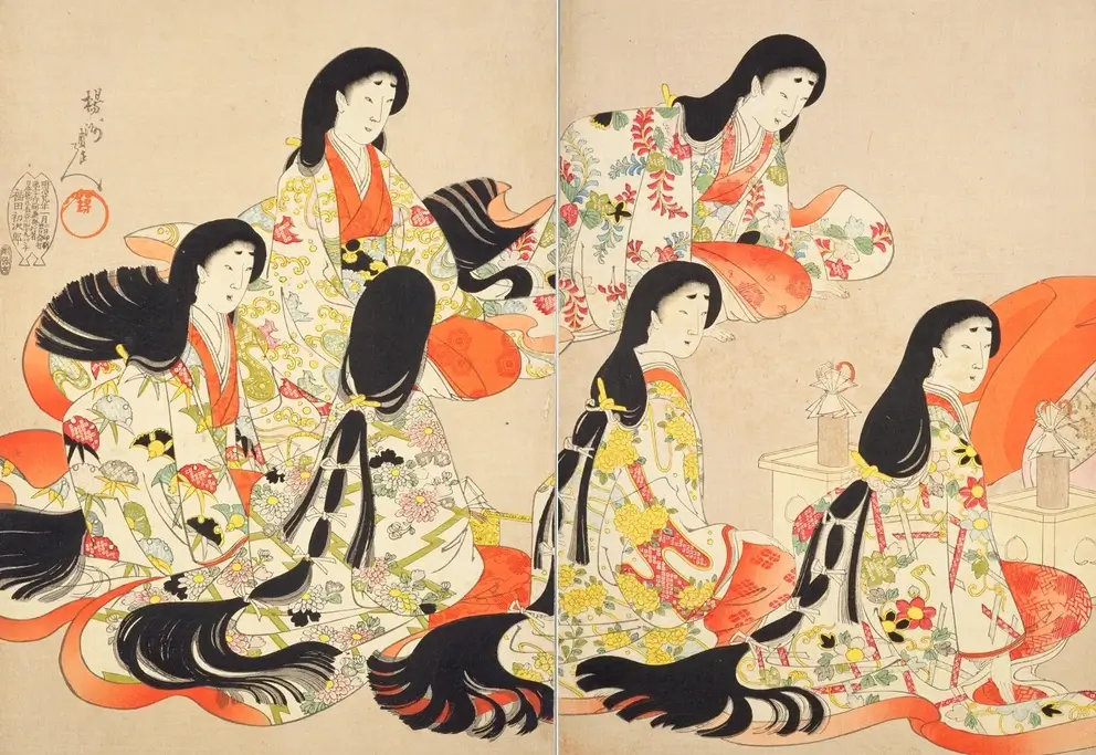 A painting of a woman wearing a suberakashi hairstyle during the Heian Era.