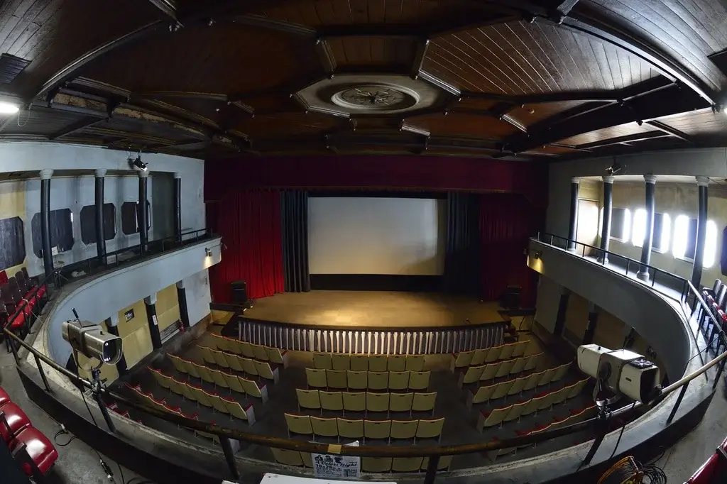 The inside of the Takada Sekaikan, an old movie theater in Japan.