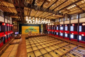 The inside of a theater in Japan, the Konpira Grand Theater.