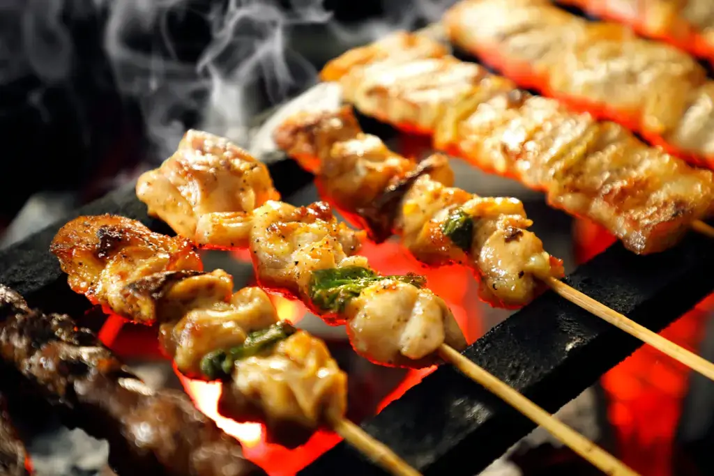 Grilled yakitori at an izakaya.