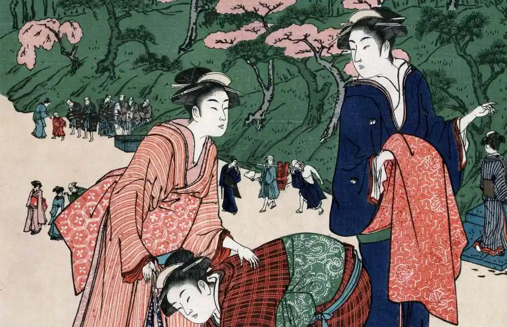 A sumi-e painting of three women with the Yoko Hyogo hairstyle.