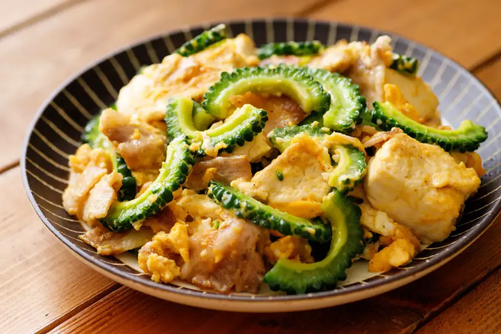 A plate of goya champuru (bitter melon and pork).