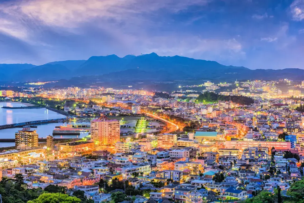 A nightscape of downtown Nago City in Okinawa.