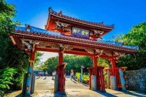 A red, castle gate in Okinawa.