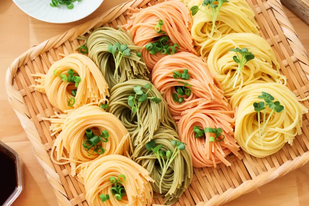 An assortment of colorful somen noodles (natural, green, pink, yellow).