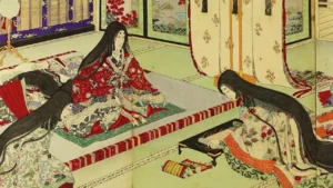 Two women in a woodblock painting from the Heian era.