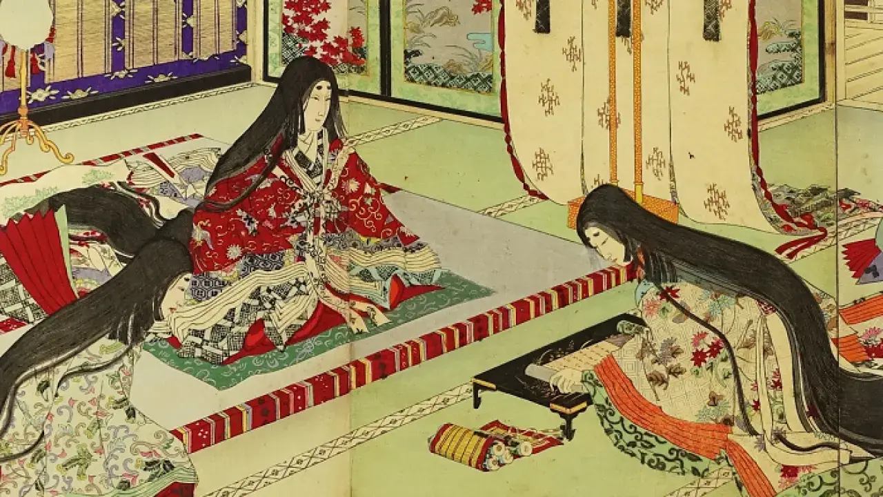 Two women in a woodblock painting from the Heian era.