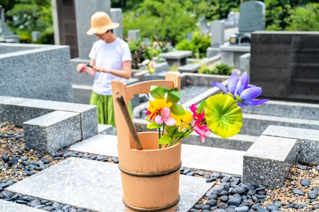 A flower display at a graveyard.