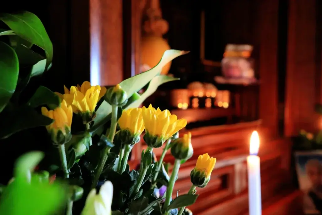 A flower display at a temple.