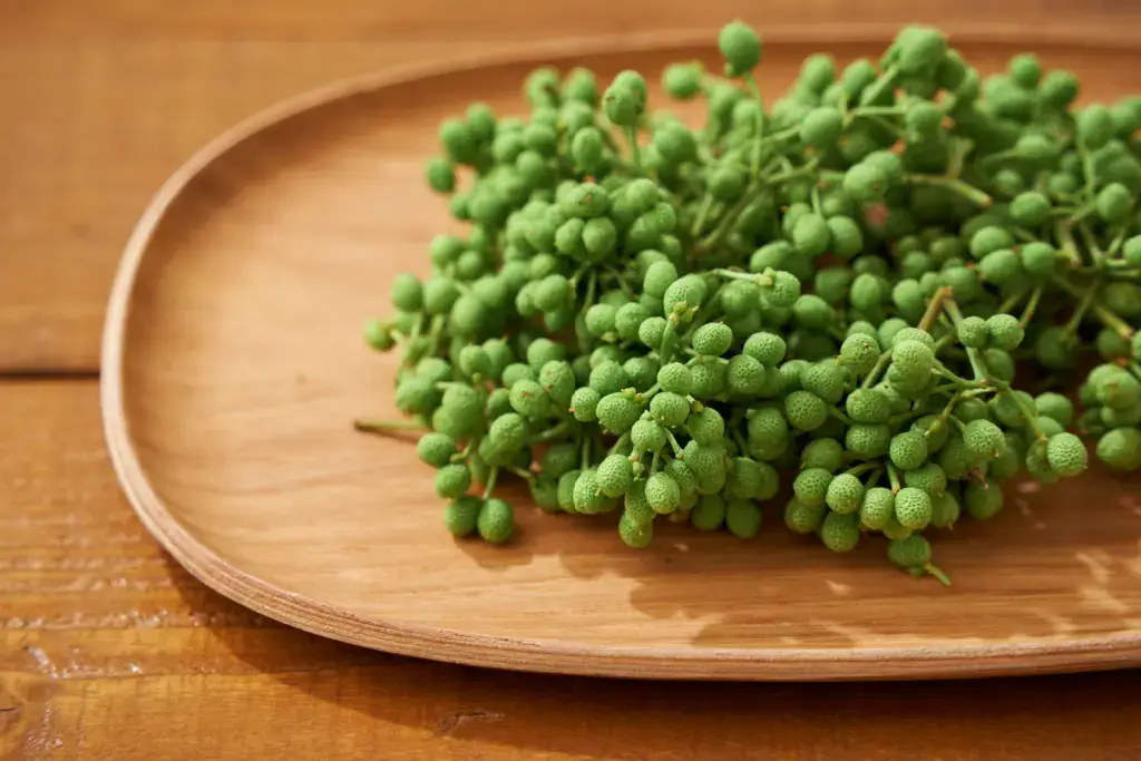 A plate of green sansho pepper.