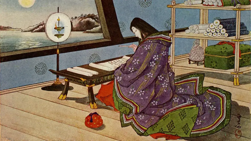 A woodblock depicted Murasaki Shikibu, from the Heian era.