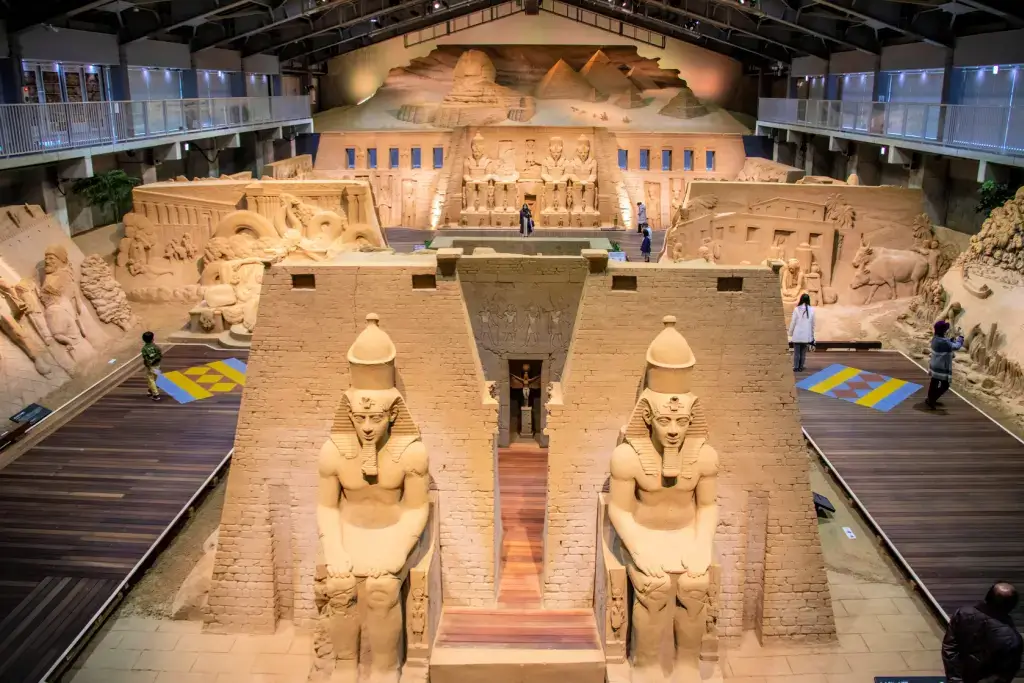 A display of Egyption inspired sand sculptures at the Tottori Sand Dunes.