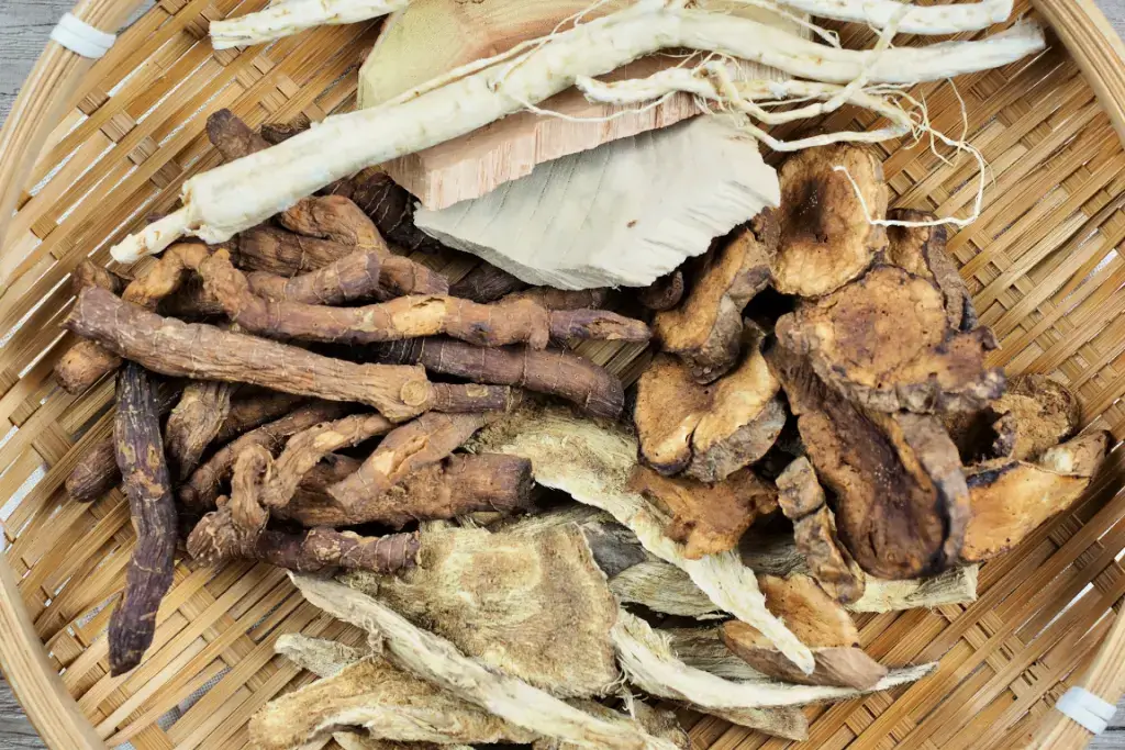 A bunch of roots and fungi for traditional Japanese medicine.