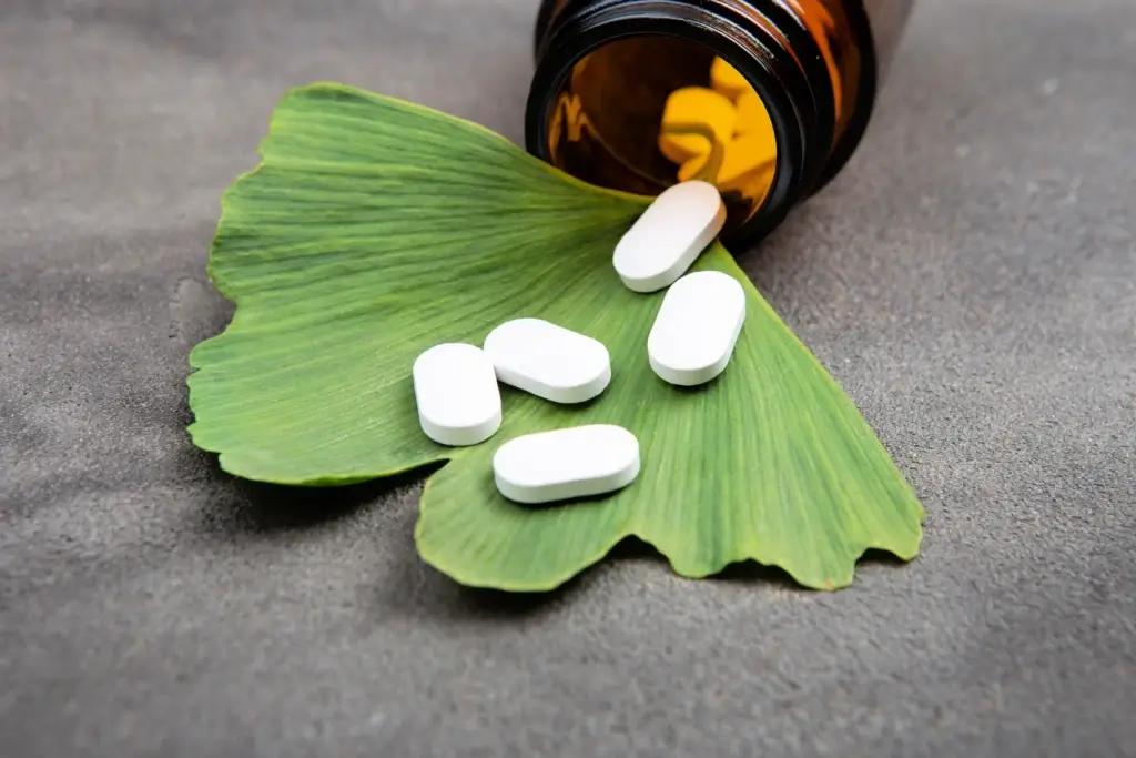 Ginkgo biloba pills on a leaf.