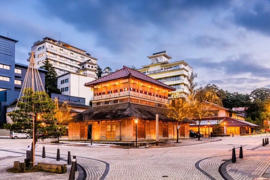 The outside of Kaga Onsen at night.