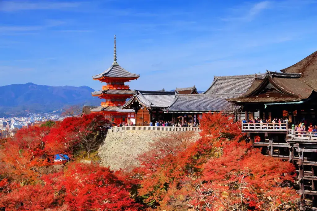 Kiyomizu-dera in Kyoto during the koyo season.