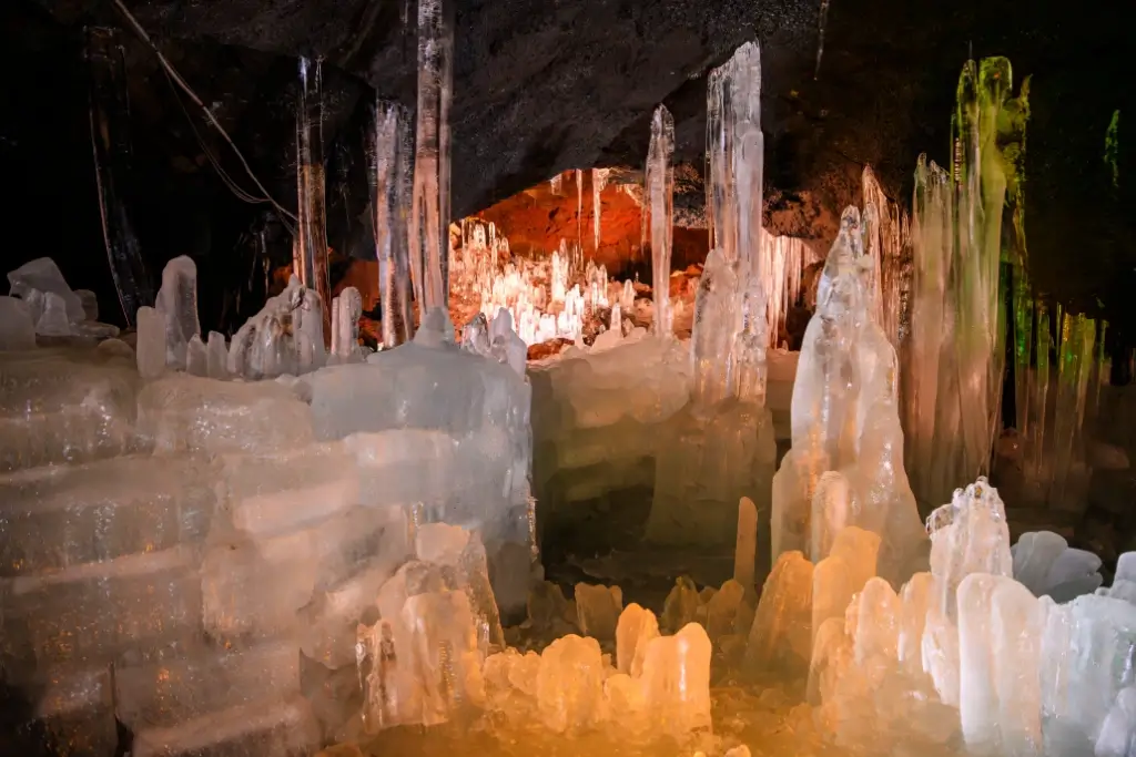 The Narusawa Ice Cave. It's cold, dark, and has tall ice pillars. 