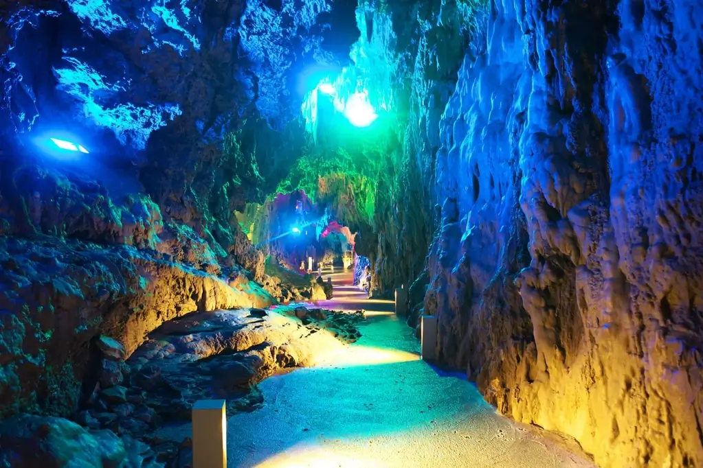 Ryusendo Limestone Cave in Iwate Prefecture. It has blue lights on the inside.