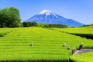 A tea plantation in Shizuoka with Mt. Fuji in the background.