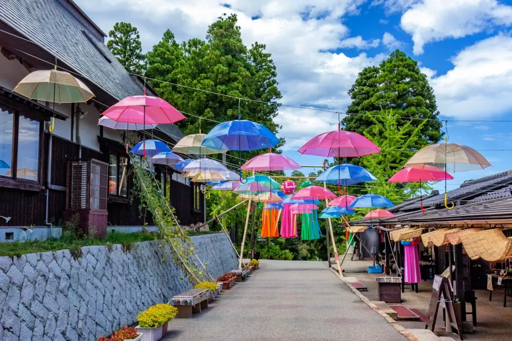 An umbrella display at Yunokuni no Mori in Ishikawa.