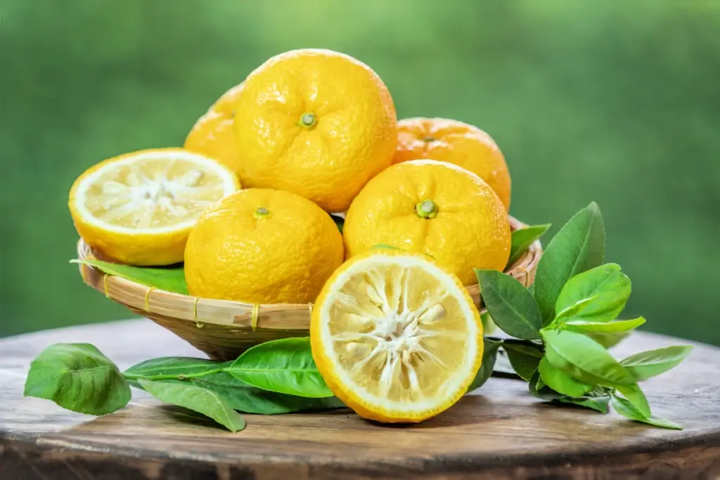 Whole and sliced yuzu fruit in a basket, on a picnic table.