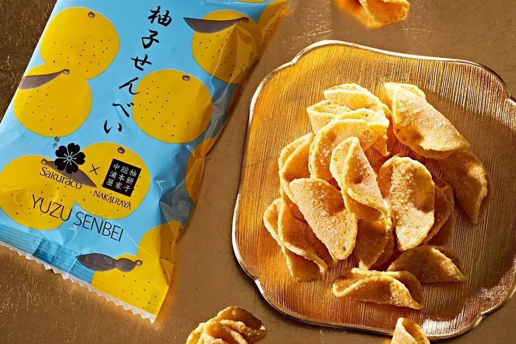 A plate of yuzu senbei from Nakauraya.