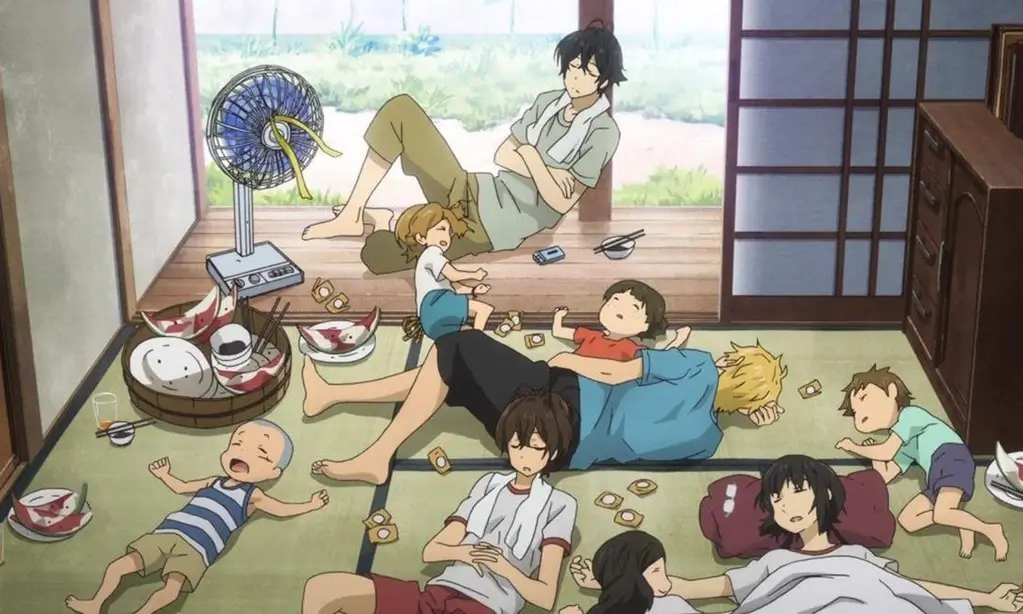 A bunch of people relaxing in an apartment from "Barakamon".