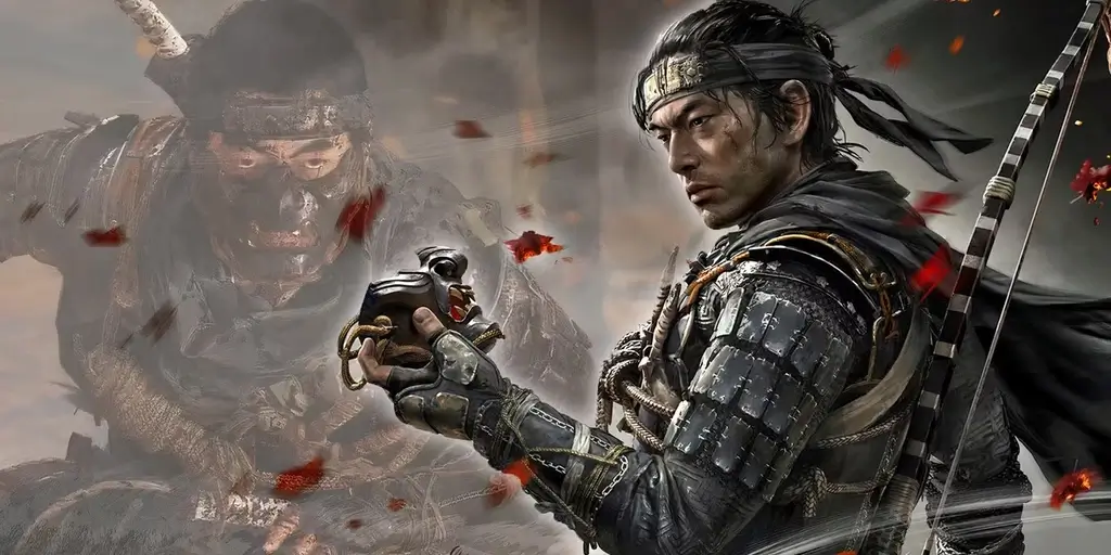 The main character from "Ghost of Tsushima" holding a half oni mask.