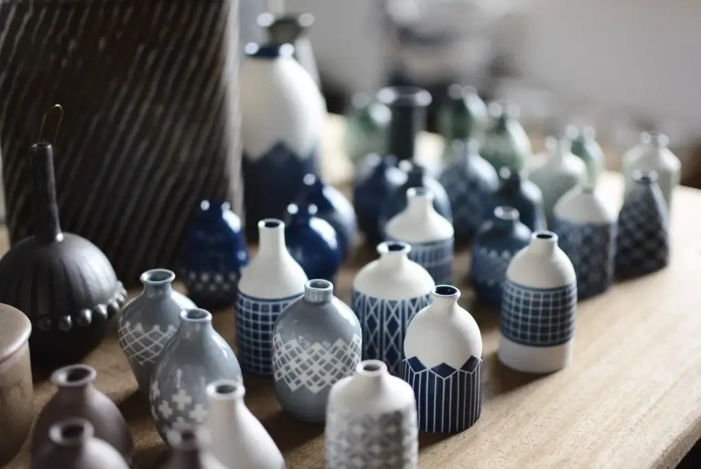 A collection of Gifu ceramics on display.