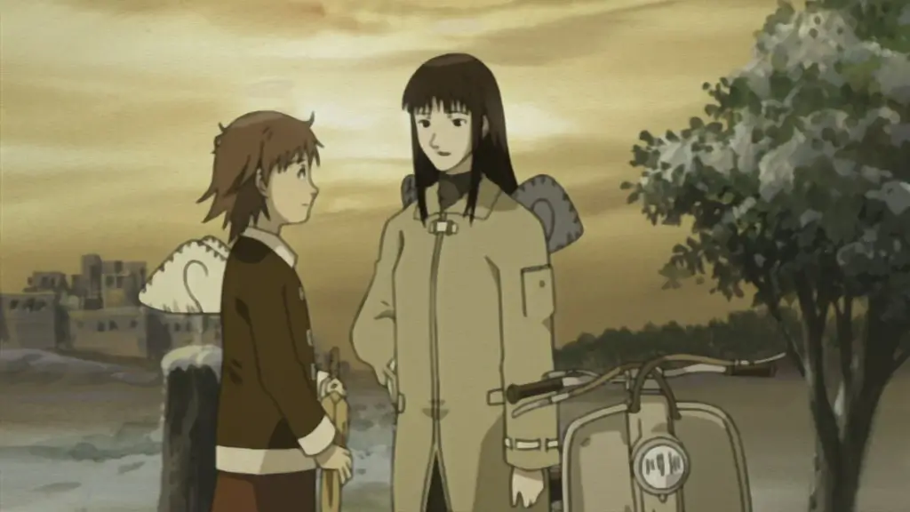 Two characters from "Haibane Renmei" talking near a tree.