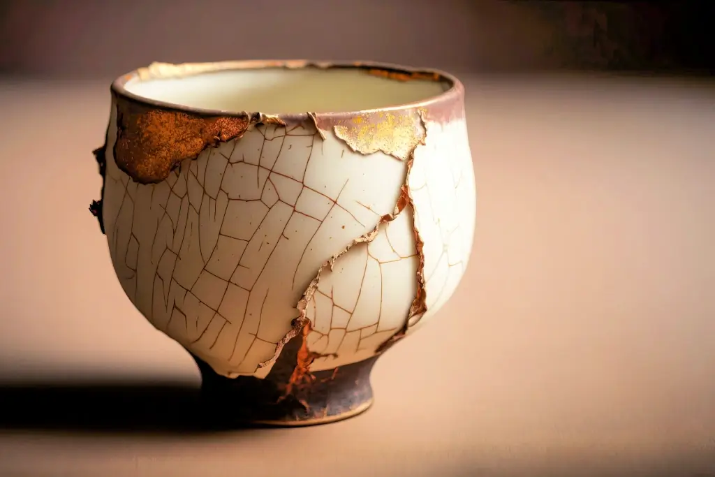 A rustic, kintsugi cup with cracked gold lacquer.