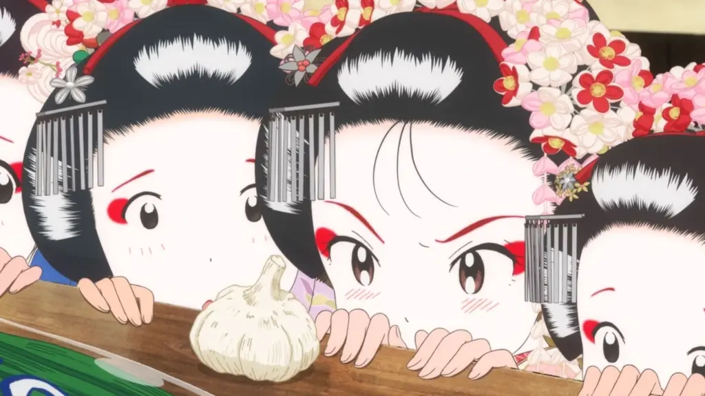 A bunch of young maiko from "Kiyo in Kyoto|" closely inspecting some garlic.