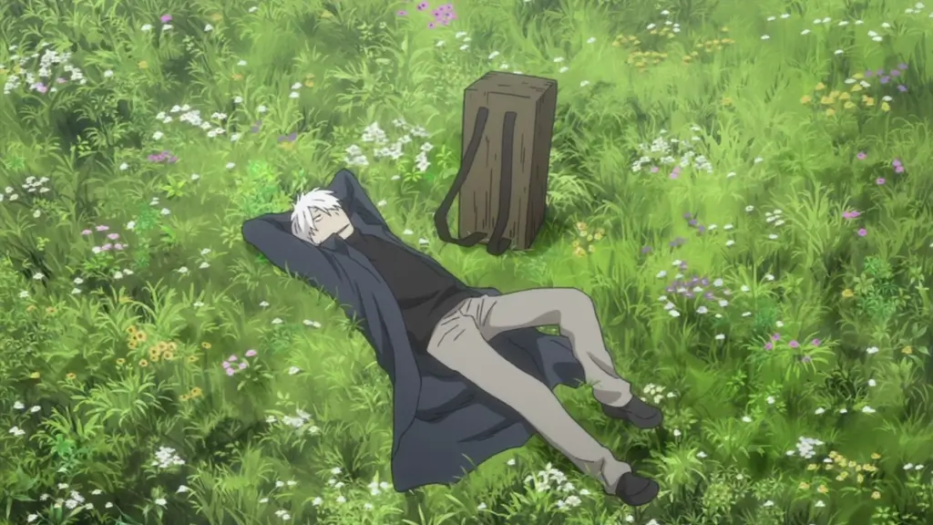 The main character of "Mushishi" relaxing in a field.