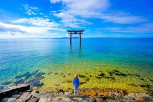 A torii gate in Lake Biwa, Shiga Prefecture.