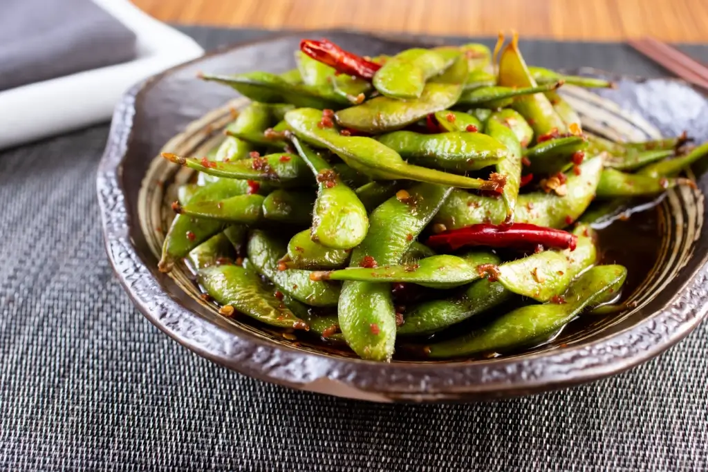 A plate of spicy edamame.