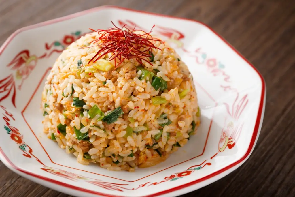 A plate of chahan or fried rice, a popular type of Chinese food.