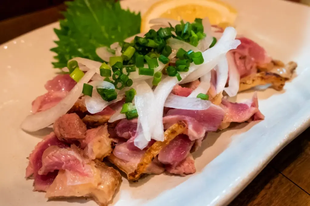 A plate of slightly seared Jitokko chicken.