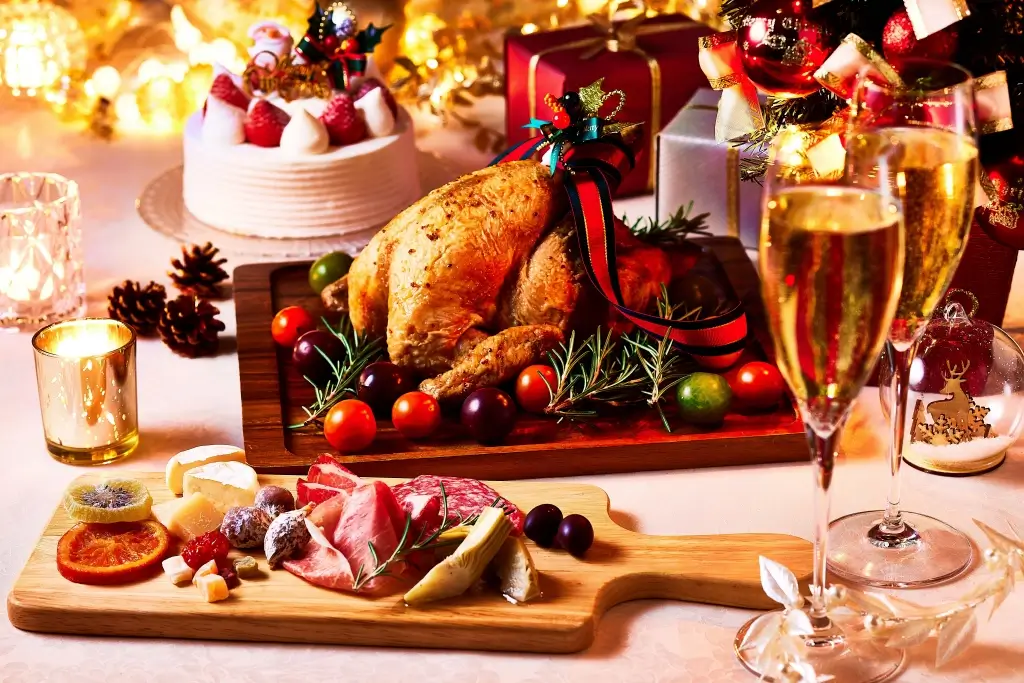 A Christmas buffet complete with a turkey.