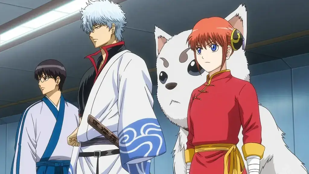 The main characters of "Gintama" with their giant cat.