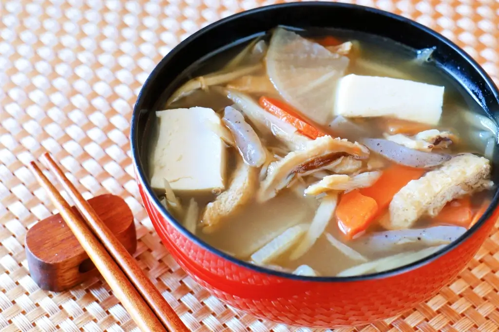 A bowl of kenchin-jiru (miso vegetable soup).