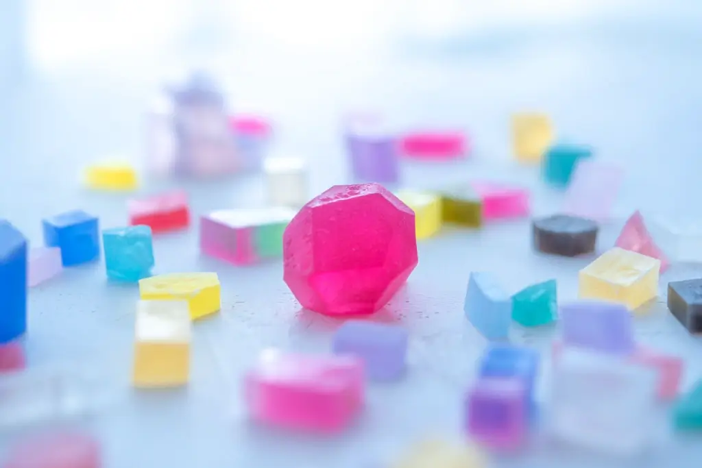 An assortment of kohakutou, with a large piece of pink candy in the middle.