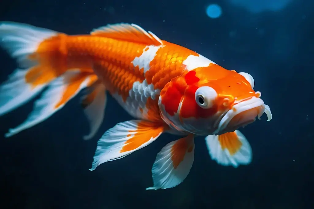 A large kois fish underwater. It's golden and white.