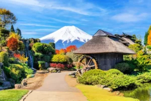 Mt Fuji in the background of a historical village in the spring, showing when is the best time to visit Japan.